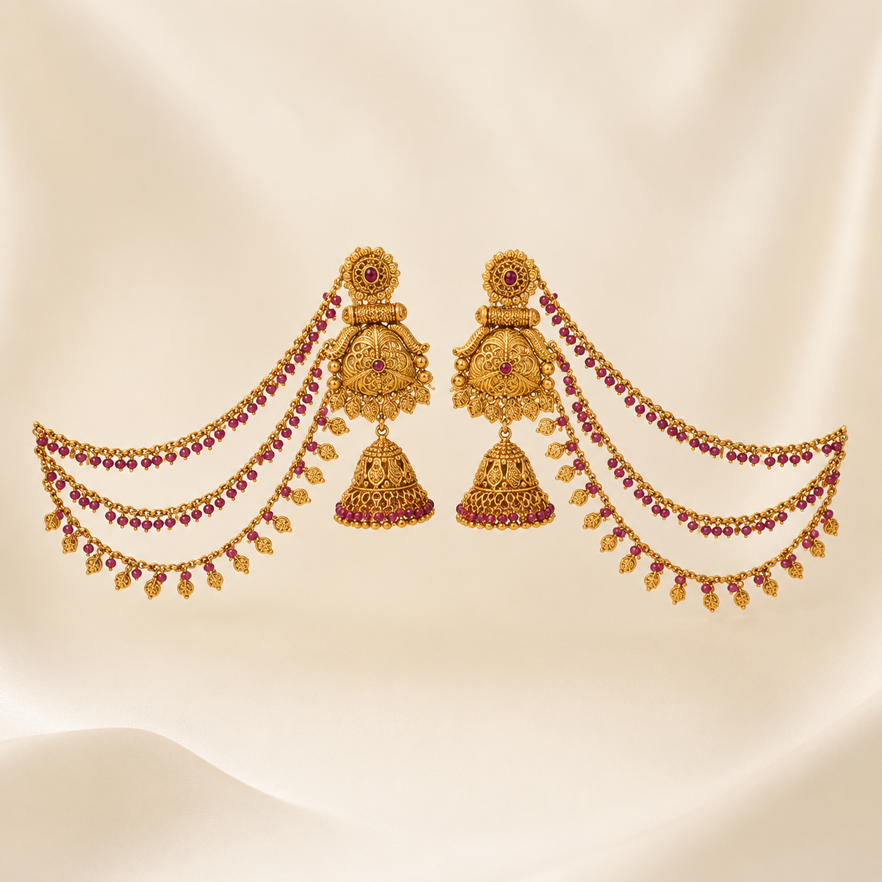 Ornate Antique Gold-Toned Heritage Jhumkas with Triple Ear Chains &amp; Ruby-Red Accents