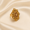 Antique Gold-Toned Floral Filigree Statement Ring with Ruby &amp; Clear Stones