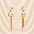 Modern High-Polish Gold Caged Pearl Drop Earrings with Chain Tassels
