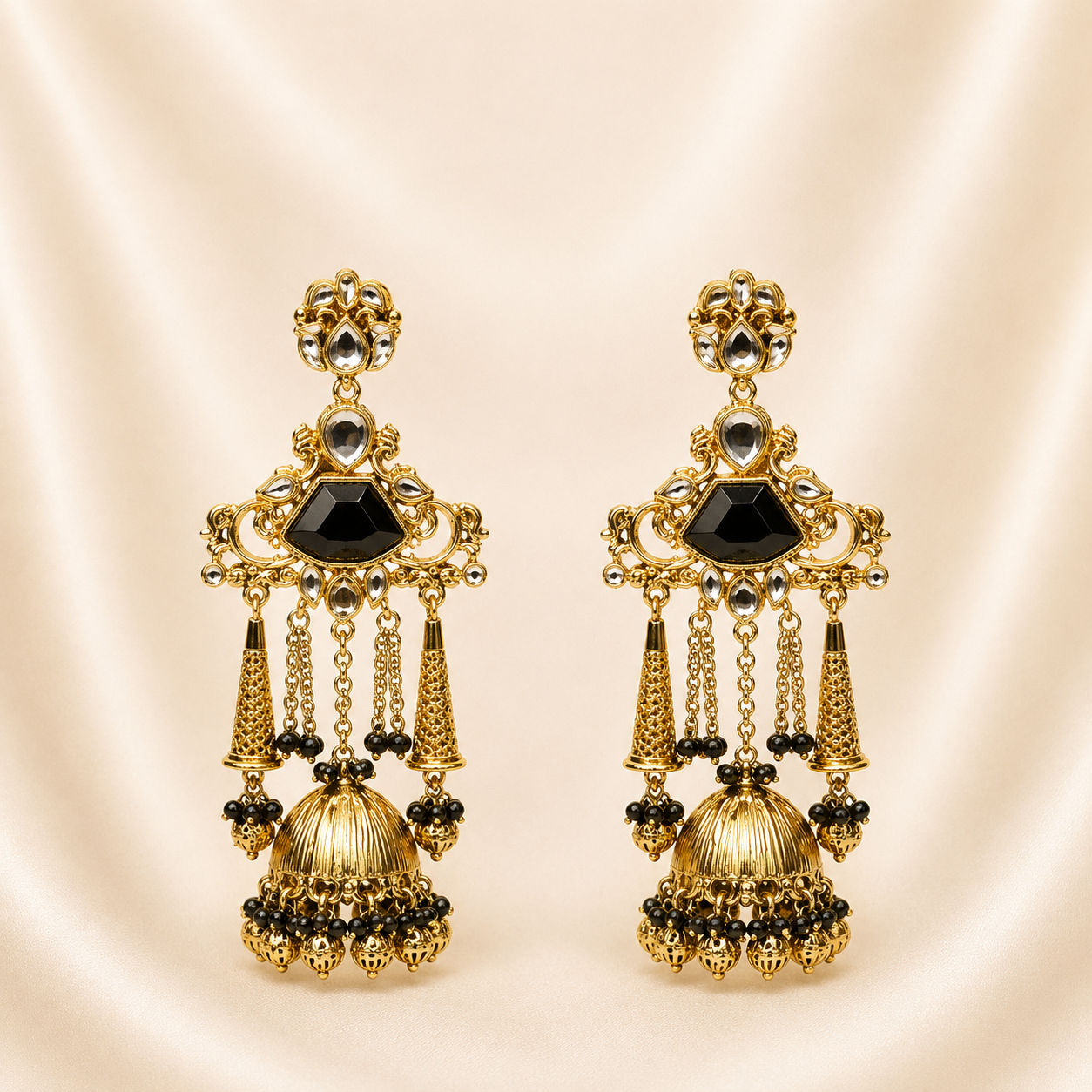 Luxury Antique Gold-Toned Chandelier Jhumka Earrings with Black Stone &amp; Bead Accents