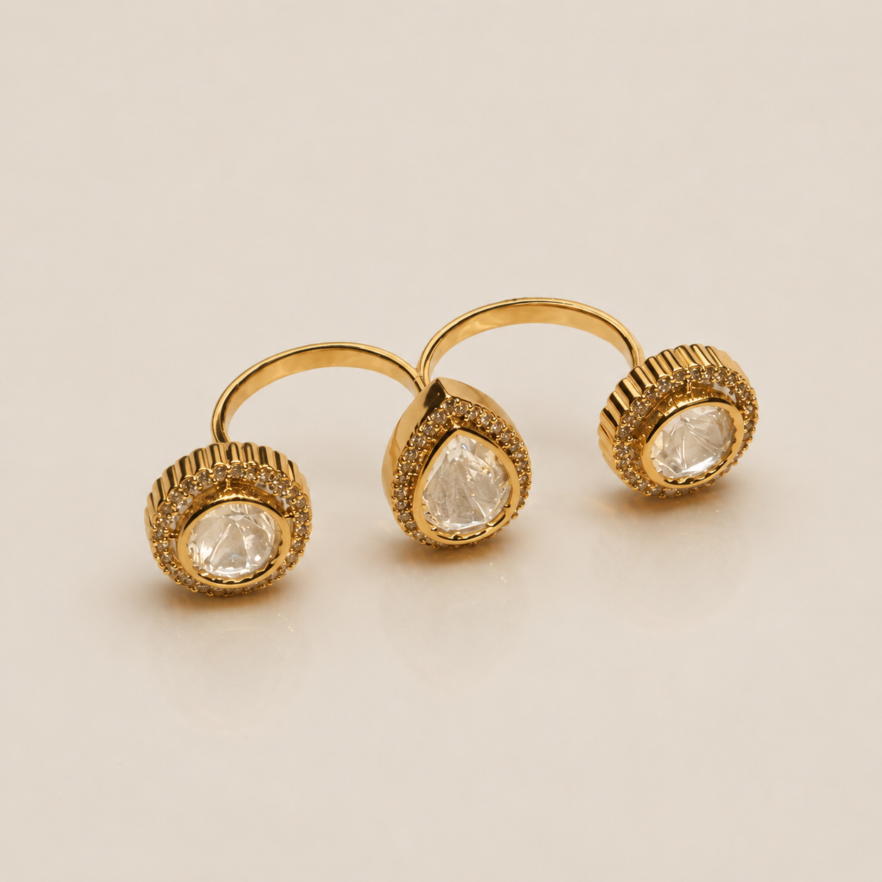 Contemporary Gold-Toned Double Finger Statement Ring with Halo Crystals