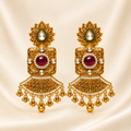 Regal Antique Gold-Toned Temple Statement Earrings with Ruby &amp; Pearls