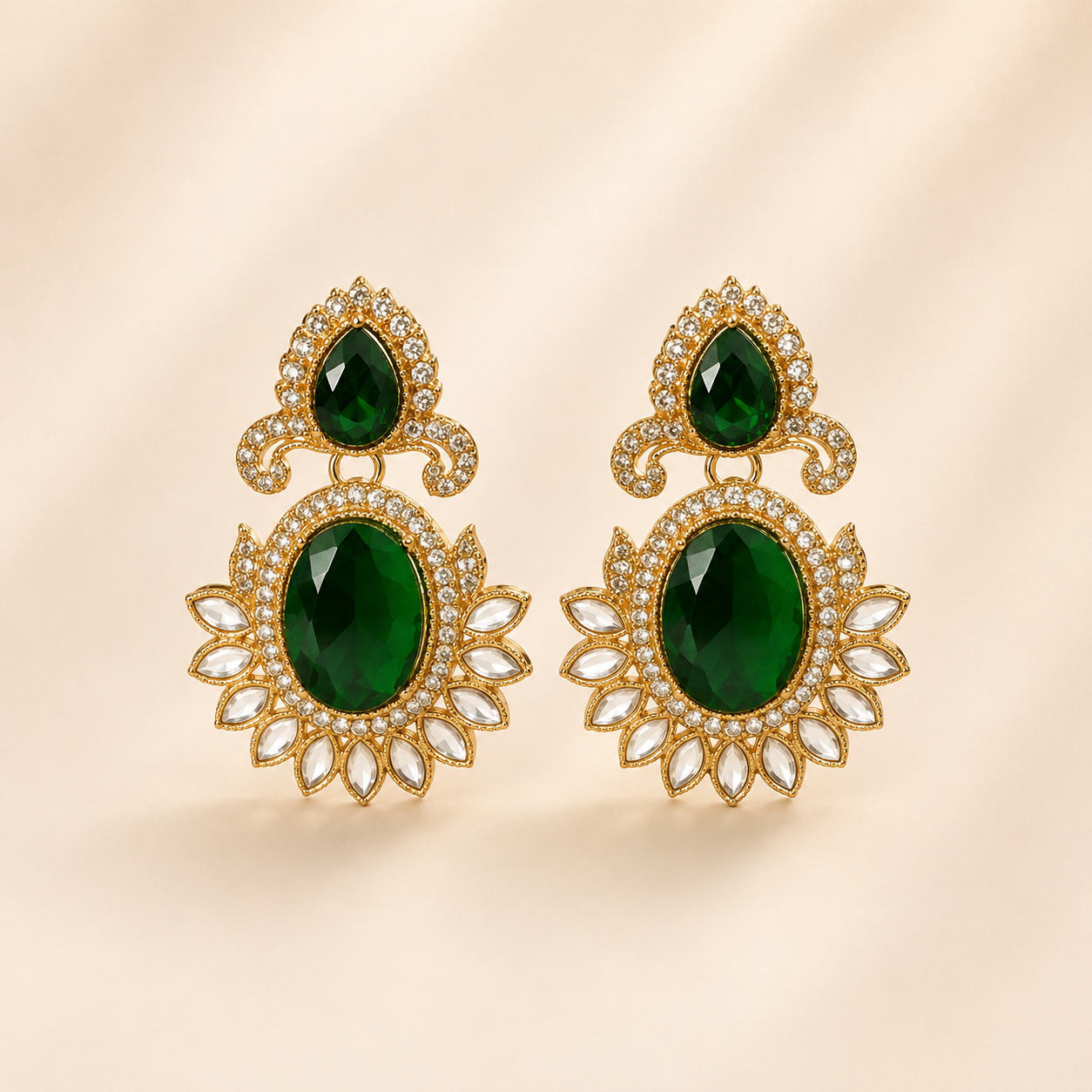 Regal Gold-Toned Emerald-Green &amp; Pave Crystal Statement Chandelier Earrings