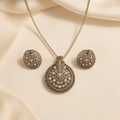 Antique Gold-Toned Pave Crystal &amp; Pearl Circular Pendant Necklace Set