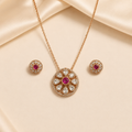 Luxury Gold-Toned Floral Halo Pendant Set with Ruby-Red &amp; Clear Crystals