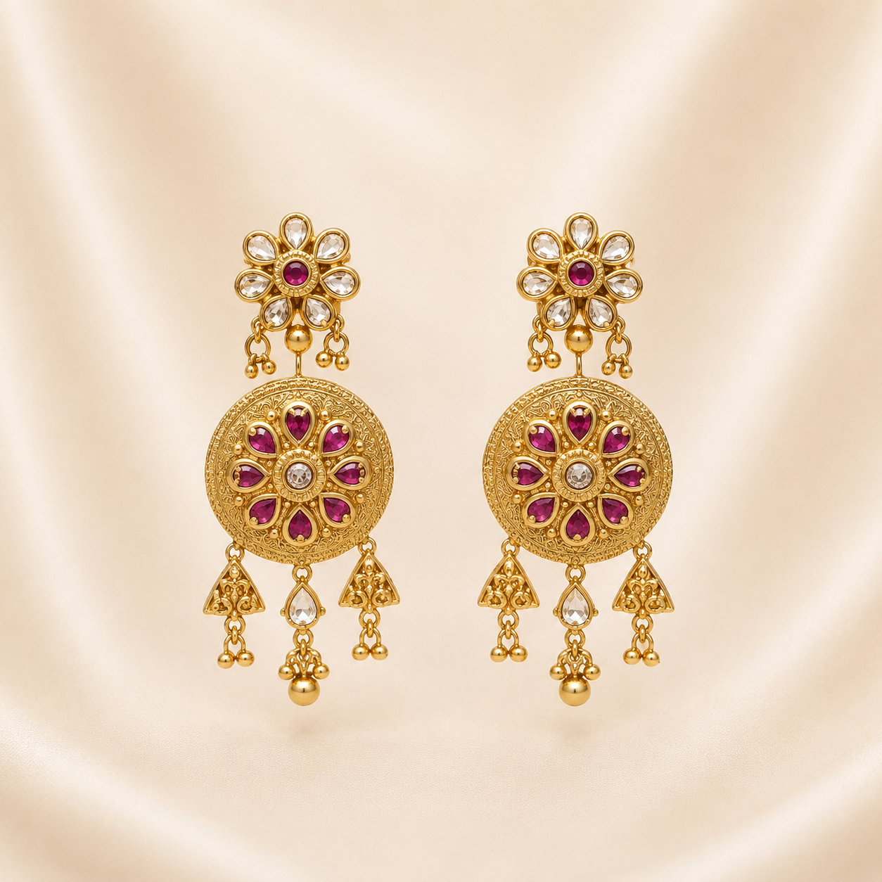 Ornate Antique Heritage Jhumkas with Triple Ear Chains &amp; Ruby-Red Accents